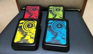 Image of 4 pedals of different colours displayed